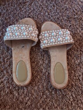 Pearl-Embellished Beige Slide Mules